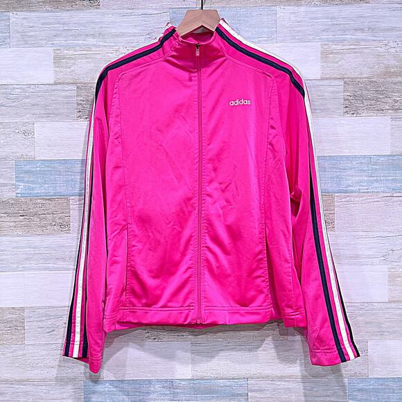 ADIDAS Vintage Y2K 3 Stripe Track Jacket Pink Mesh Lined Mock Neck Womens Large - Picture 1 of 7